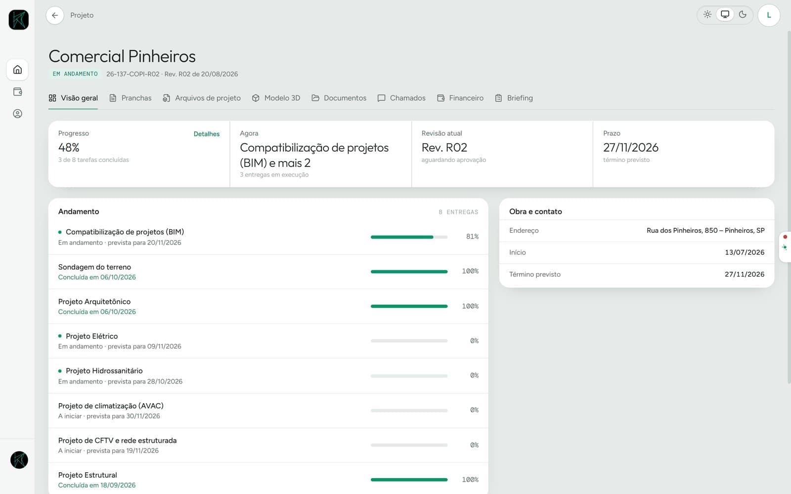 Portal do cliente: etapa atual, revisão aguardando aprovação, prazo e o andamento de cada entrega com a data prevista
