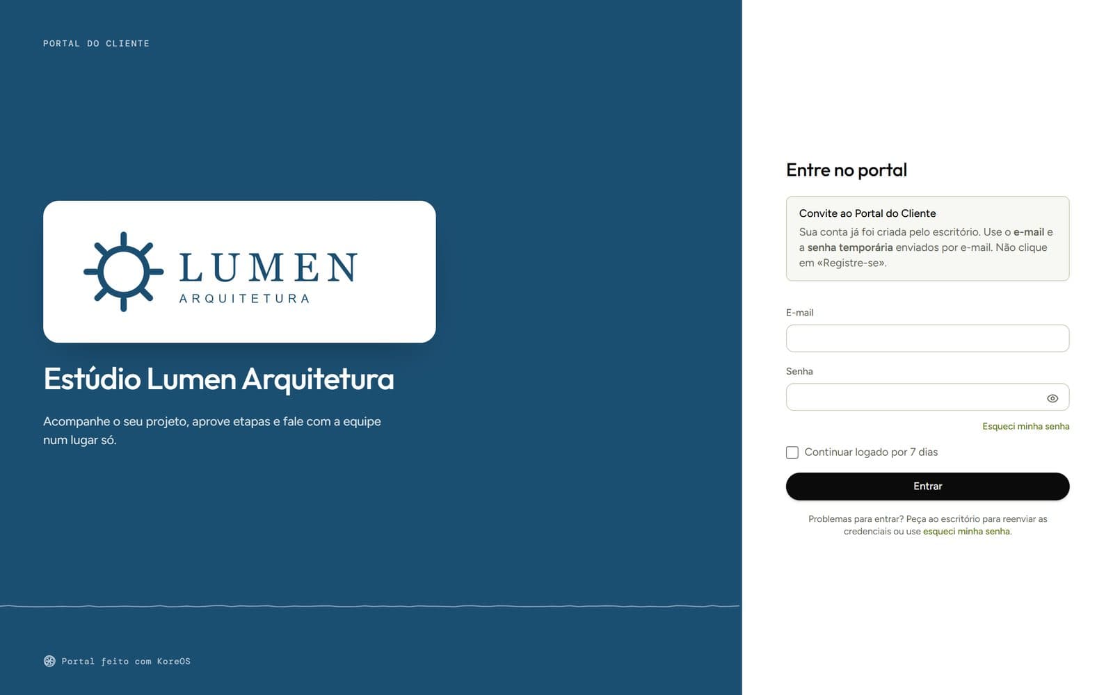Entrada do portal com o logo e a cor de um escritório de exemplo